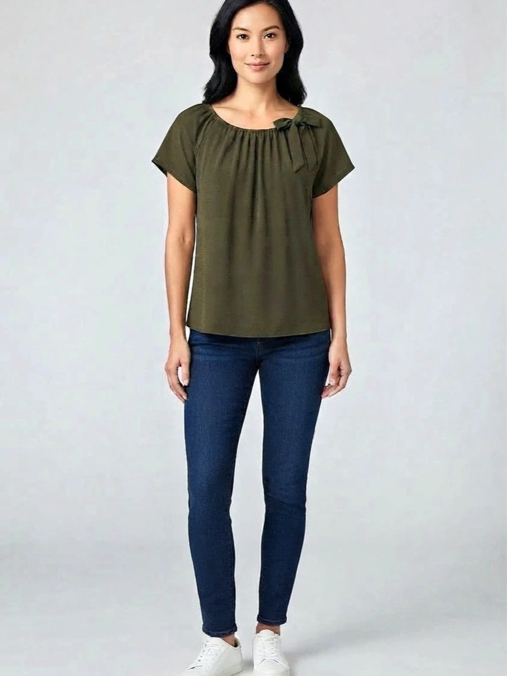 Liz McCoy Olive Polka Dot Bow Neck Blouse